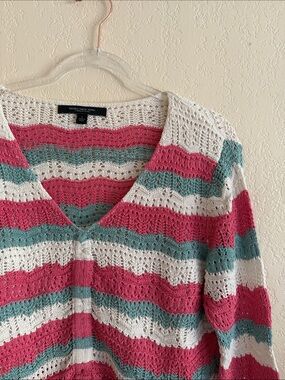 Marc New York Pink, Teal & Cream Open-Knit V-Neck Sweater